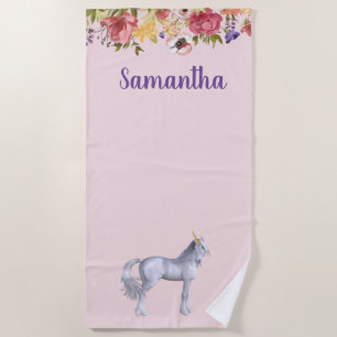 Unicorn Floral Personalized Name Beach Towel