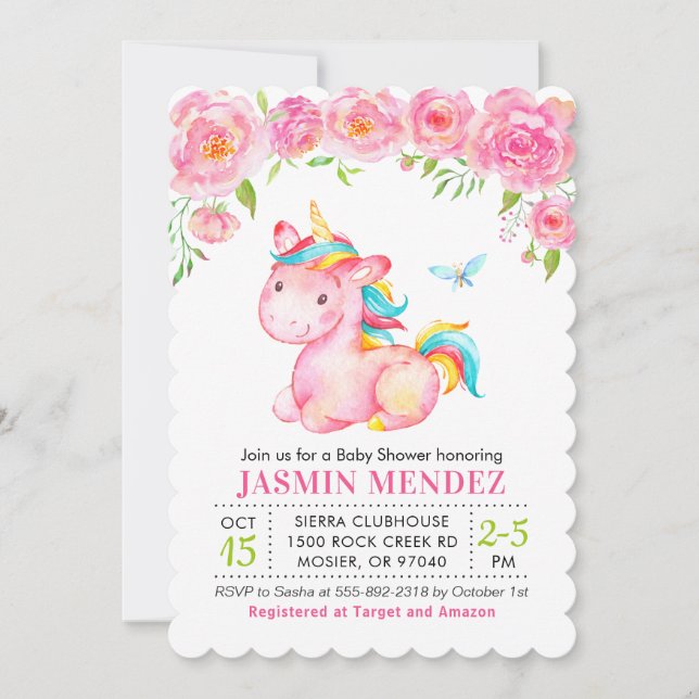 Unicorn Floral Pink Girl Baby Shower Sprinkle Invitation (Front)