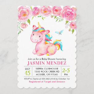 Unicorn Floral Pink Girl Baby Shower Sprinkle Invitation