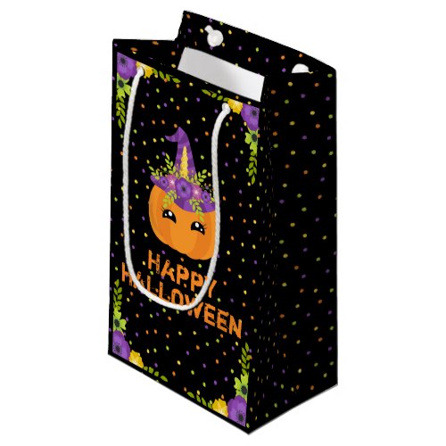 Unicorn Floral Pumpkin Happy Halloween Black Small Small Gift Bag