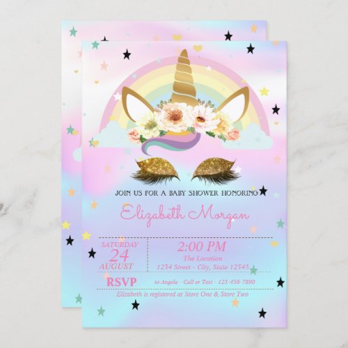 Unicorn Floral Rainbow Holographic Baby Shower Invitation