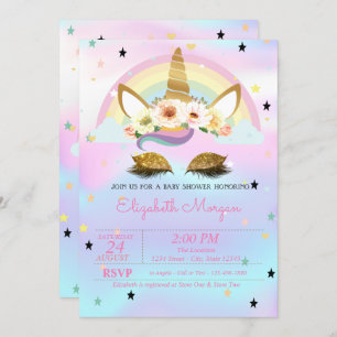 Unicorn Floral Rainbow Holographic Baby Shower Invitation