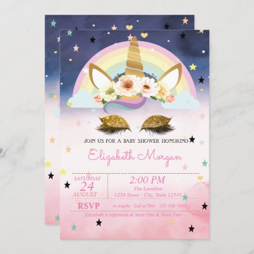 Unicorn Floral Rainbow Ombre Baby Shower Invitation