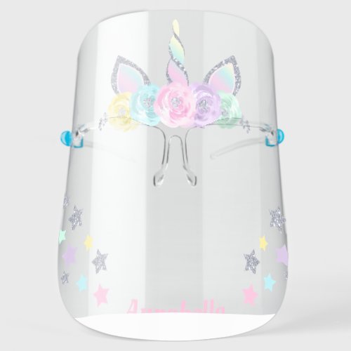 Unicorn Floral Silver Glitter Horn Personalized Face Shield