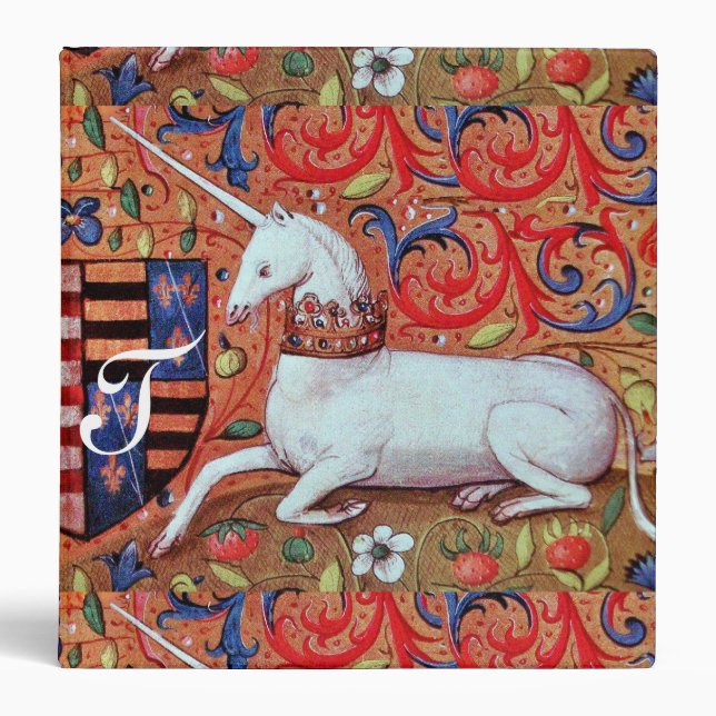 UNICORN, FLORAL SWIRLS, FLOWERS PARCHMENT MONOGRAM 3 RING BINDER (Front)