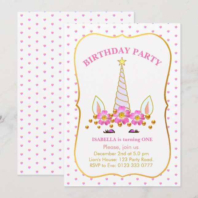 Unicorn, Flowers and Confetti Birthday Invitation (Front/Back)