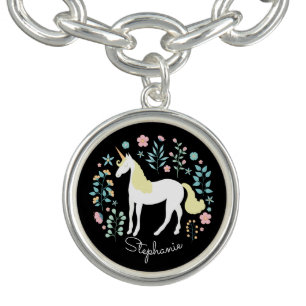 Unicorn & Flowers Black Personalized Bracelet