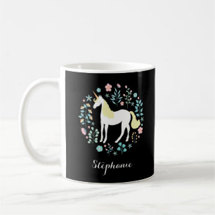 Unicorn & Flowers Black Personalized Coffee Mug