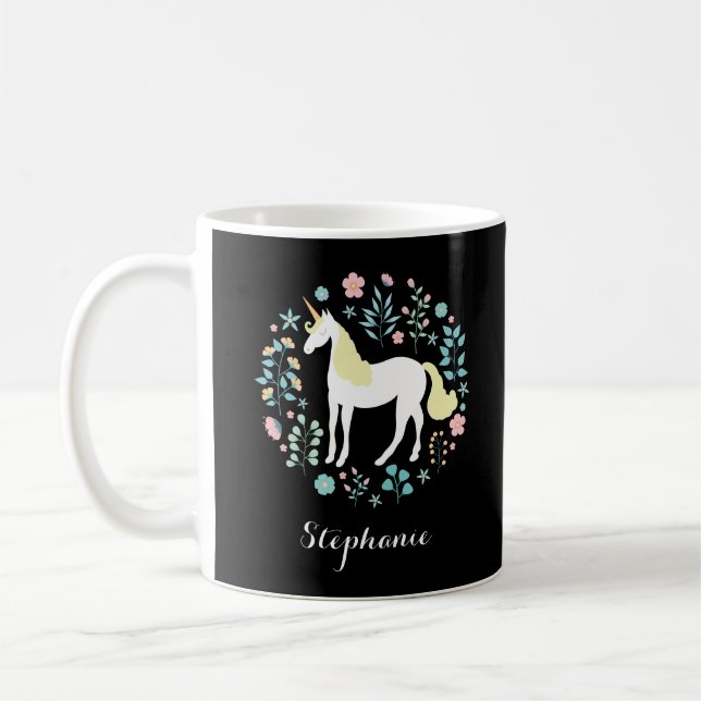Unicorn & Flowers Black Personalized Coffee Mug (Left)