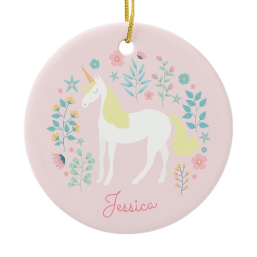 Unicorn Flowers Blush Pink Personalized Ceramic Ornament