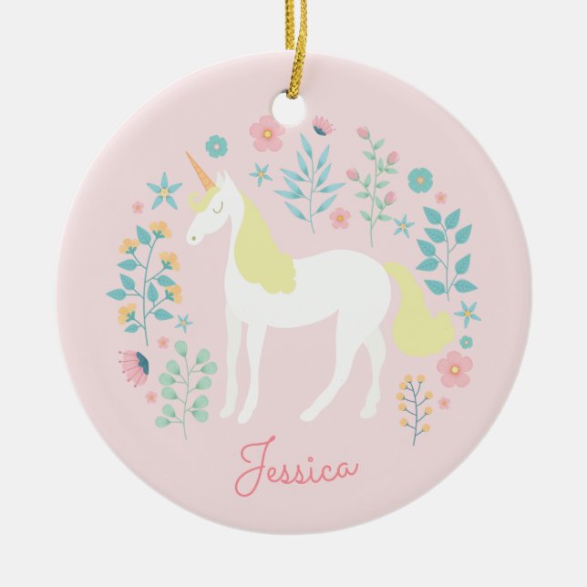 Unicorn Flowers Blush Pink Personalized Ceramic Ornament (Front)