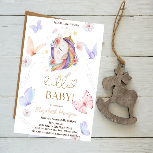 Unicorn Flowers Butterfly Dots Baby Shower  Invitation