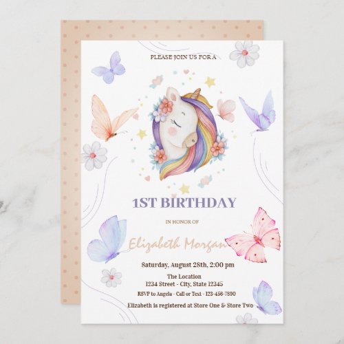 Unicorn Flowers Butterfly Dots Birthday Invitation