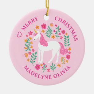 Unicorn Flowers Cute Pink Personalized Name Ceramic Ornament
