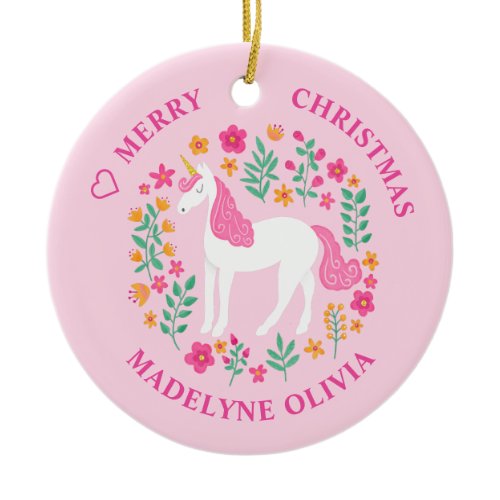 Unicorn Flowers Cute Pink Personalized Name Ceramic Ornament