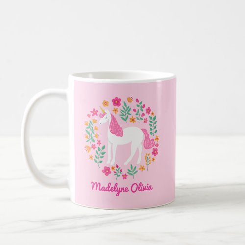 Unicorn Flowers Cute Pink Personalized Name Coffee Mug