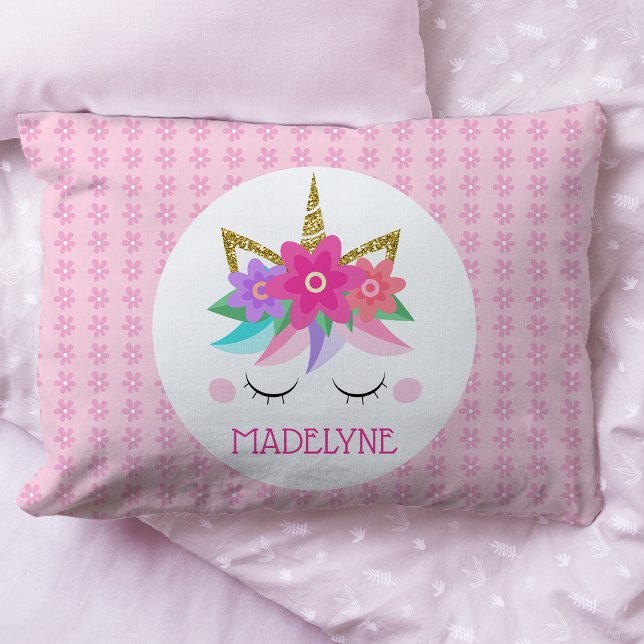 Unicorn Flowers Cute Pink Personalized Name Pillow Case (Creator Uploaded)