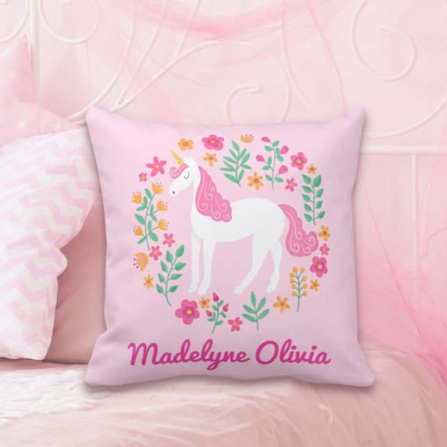 Unicorn Flowers Cute Pink Personalized Name Throw Pillow (Creator Uploaded)