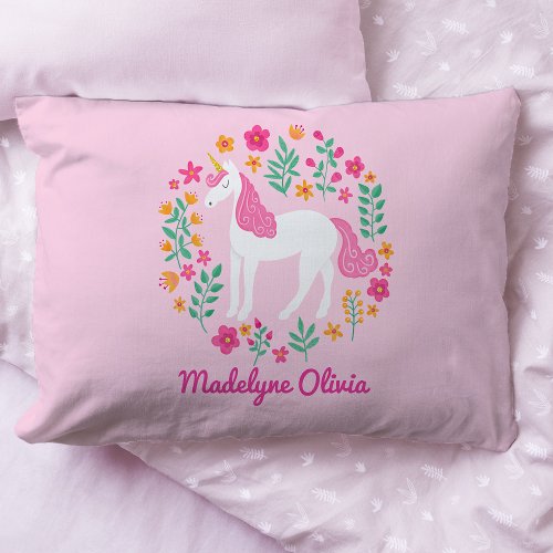 Unicorn Flowers Glitter Pink Personalized Name Pillow Case