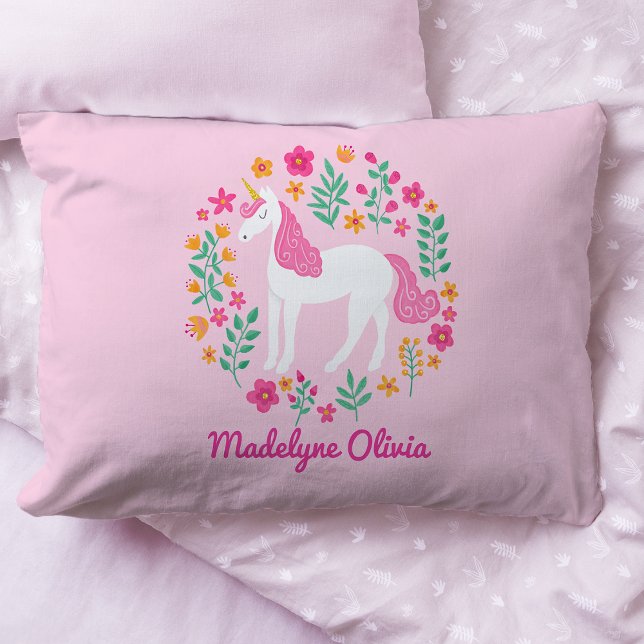 Unicorn Flowers Glitter Pink Personalized Name Pillow Case (Creator Uploaded)