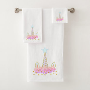 Unicorn, Flowers & Gold Confetti Bath Towel Set