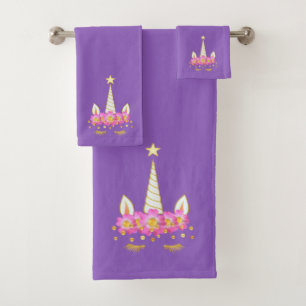 Unicorn, Flowers & Gold Confetti Bath Towel Set