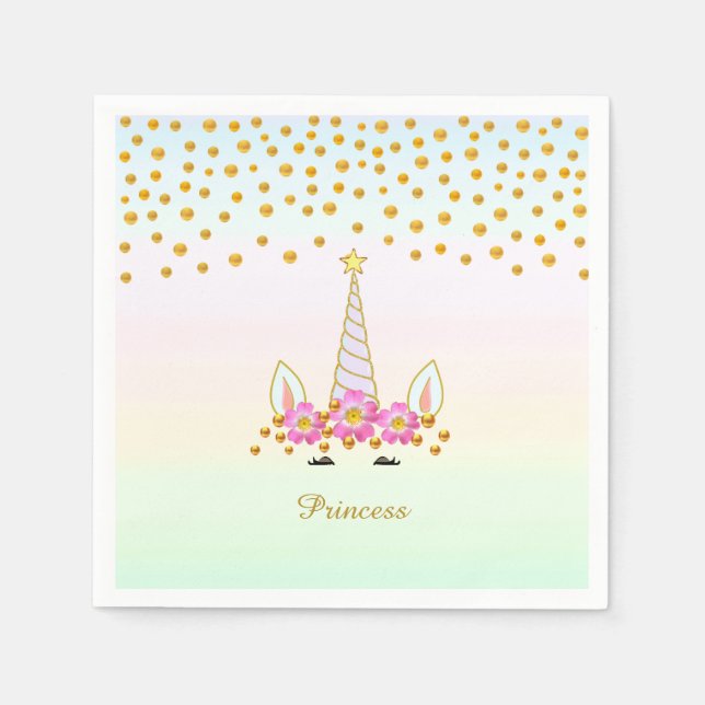 Unicorn, Flowers & Gold Confetti Napkins (Front)