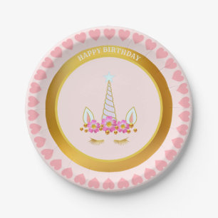 Unicorn, Flowers & Gold Confetti on Pink Birthday Paper Plates