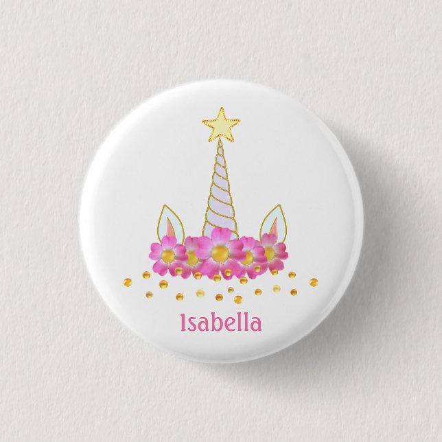 Unicorn, flowers & gold confetti on white button (Front)