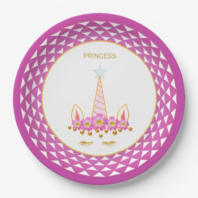 Unicorn, flowers, gold confetti on white & violet paper plates (Front)