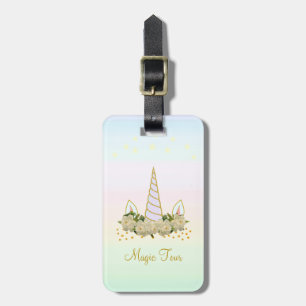 Unicorn Flowers, Gold Confetti & Stars on Pastel Luggage Tag