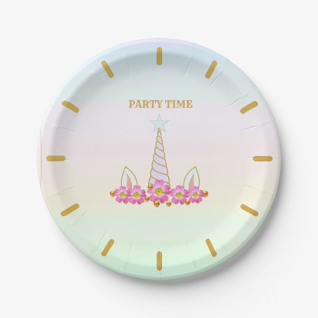 Unicorn, Flowers & Gold Dots Paper Plates (Front)