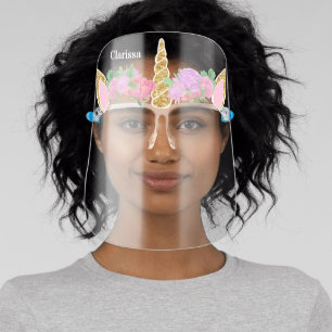 Unicorn Flowers Gold Glitter Girls Cute Face Shield
