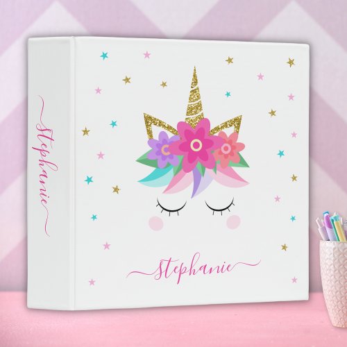 Unicorn Flowers Gold Glitter Personalized 3 Ring Binder