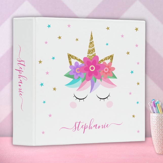 Unicorn Flowers Gold Glitter Personalized 3 Ring Binder (Creator Uploaded)