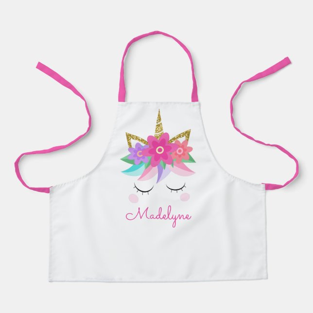 Unicorn Flowers Gold Glitter Personalized Apron (Front)