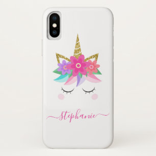Unicorn Flowers Gold Glitter Personalized iPhone X Case
