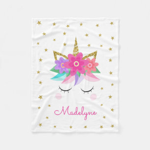 Unicorn Flowers Gold Glitter Personalized Girly Fleece Blanket