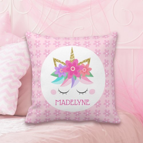 Unicorn Flowers Gold Glitter Personalized Girly Throw Pillow