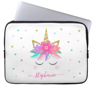 Unicorn Flowers Gold Glitter Personalized Laptop Sleeve