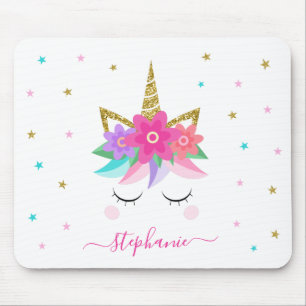 Unicorn Flowers Gold Glitter Personalized Mouse Pad