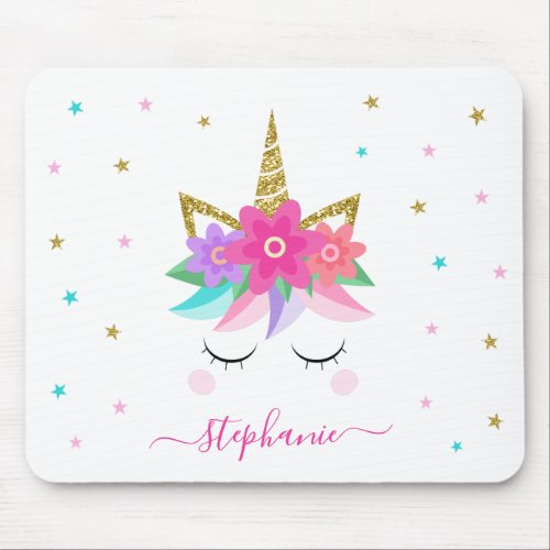 Unicorn Flowers Gold Glitter Personalized Mouse Pad