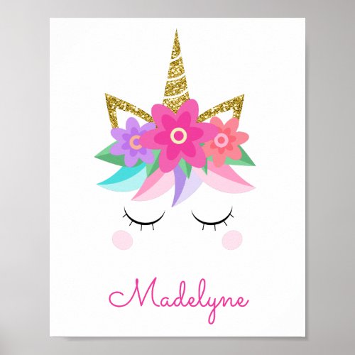 Unicorn Flowers Gold Glitter Personalized Name Poster