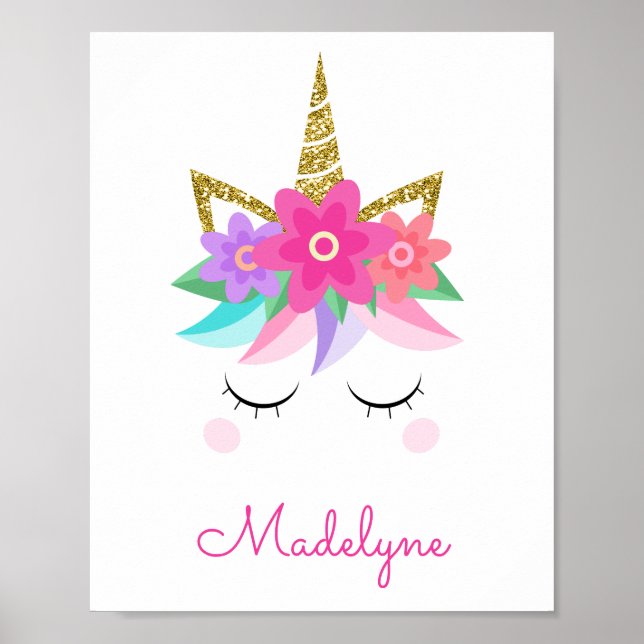 Unicorn Flowers Gold Glitter Personalized Name Poster (Front)