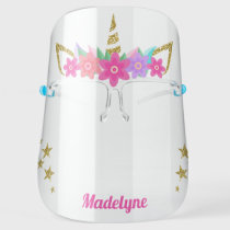 Unicorn Flowers Gold Glitter Stars Personalized Face Shield