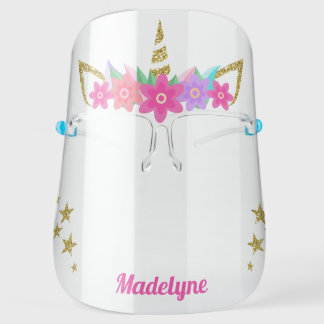 Unicorn Flowers Gold Glitter Stars Personalized Face Shield