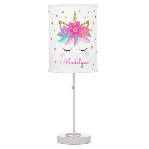 Unicorn Flowers Gold Glitter Stars Personalized Table Lamp