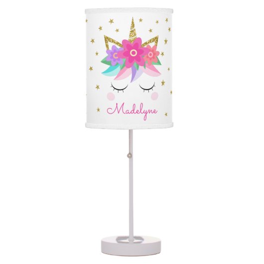 Unicorn Flowers Gold Glitter Stars Personalized Table Lamp (Front)