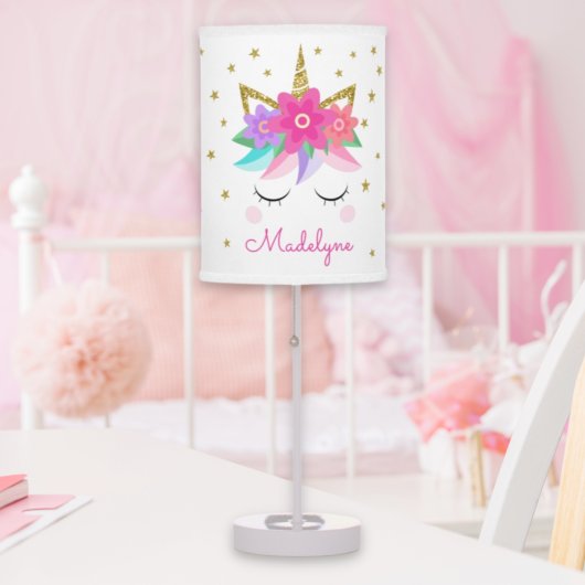 Unicorn Flowers Gold Glitter Stars Personalized Table Lamp