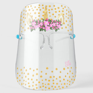 Unicorn, flowers & golden confetti face shield